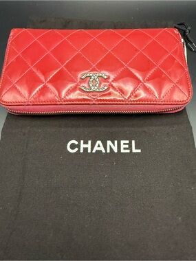 CHANEL Quilted Patent Leather Chain Wallet in Red with Dustbag